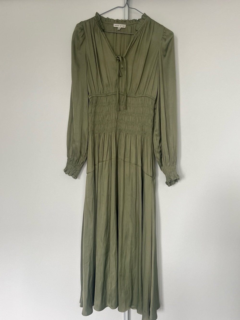 Anthropologie Moon River Olive Long-Sleeve Smocked Maxi